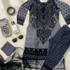 Grey & Black Embroidered Georgette Three-Piece
