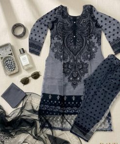 Grey & Black Embroidered Georgette Three-Piece